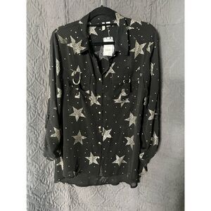 Cato Fashions Womens Black Sheer w/Gold Starts Button Down Blouse SZ L: NWT